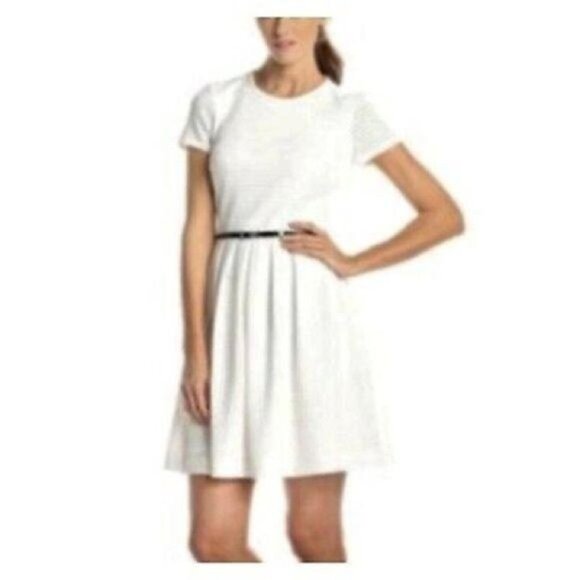 Calvin Klein Dresses & Skirts - Calvin Klein Short Sleeve Round Neck Waffle Textured White Knit Flare Dress Sz 8
